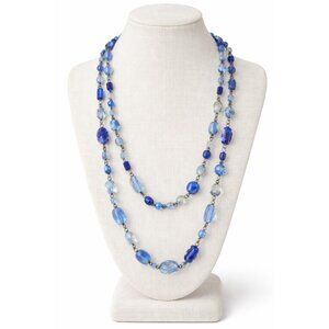 Vintage Blue Glass Beaded Long Necklace Multi Strand Look Artisan Boho